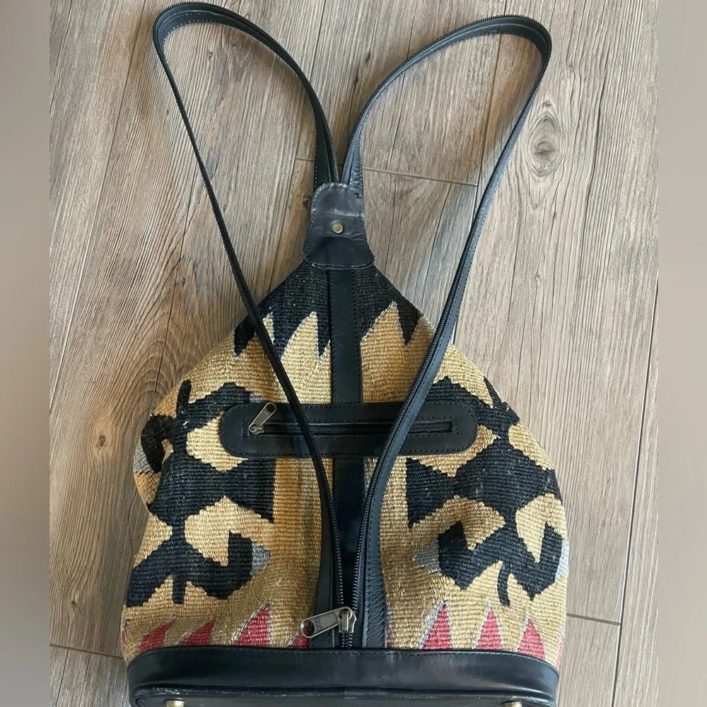 Kilim Black and Tan Tapestry Small Backpack with Black Leather Trim - Picture 2 of 16